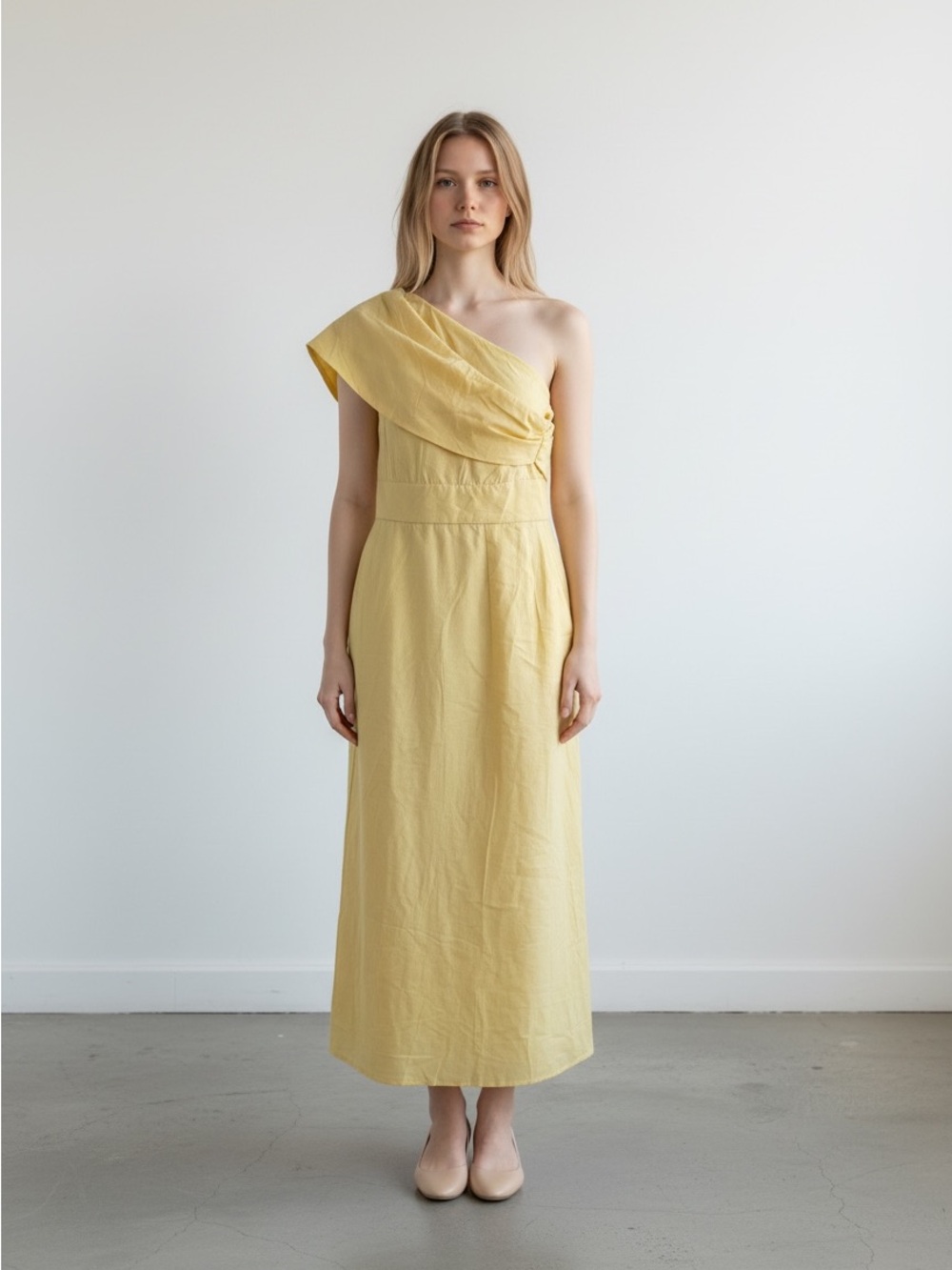 NWT Modesees One-Shoulder Yellow Linen Cotton Blend Dress Size Medium